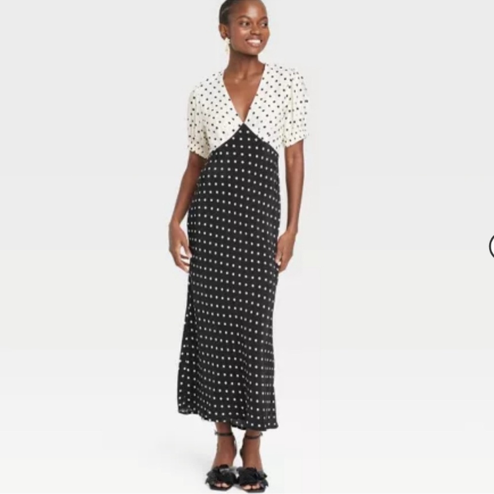 A new day Women's Crepe Puff Short Sleeve Midi polka dots Dress Size M